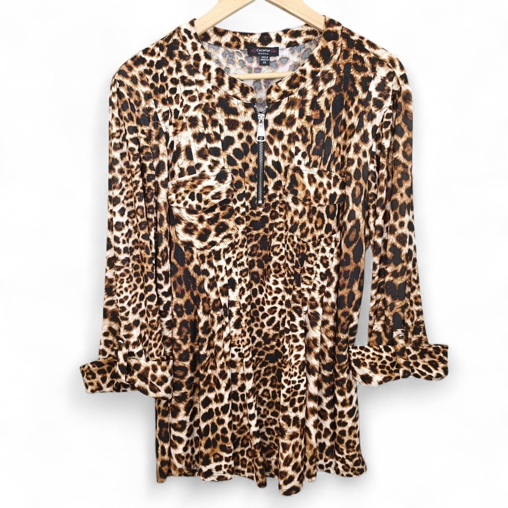 Cocomo Top Womens Plus 2X Brown Animal Print Quarter Zip Roll Tab Sleeve Casual